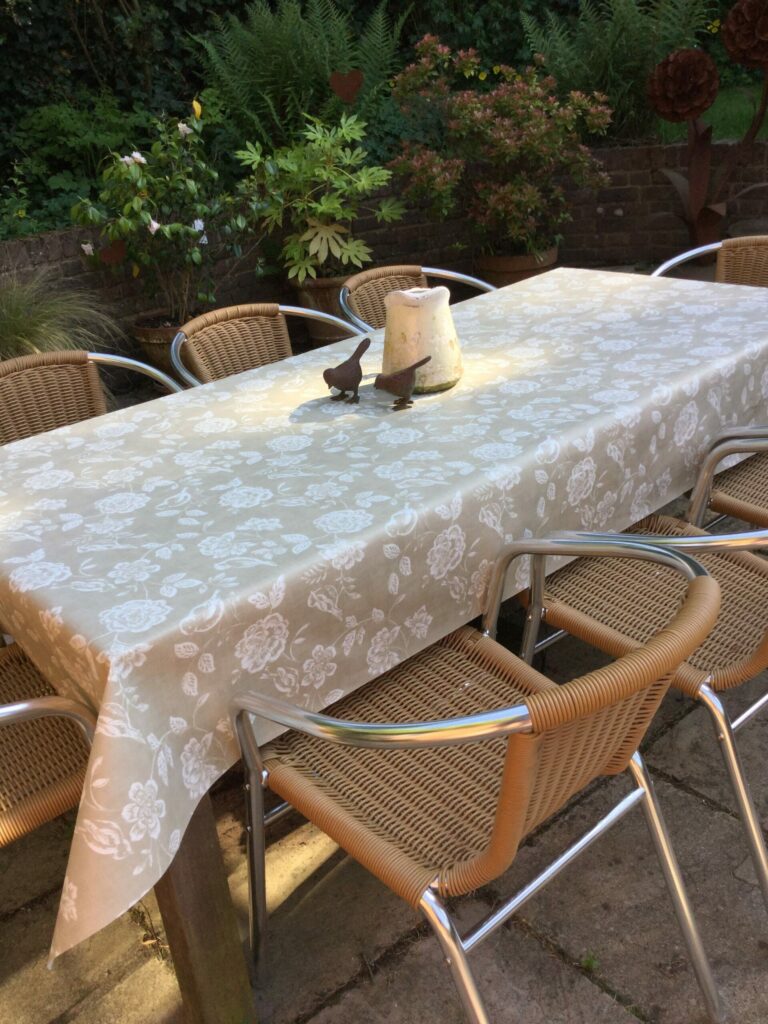 Bird Garden Taupe oilcloth tablecloth